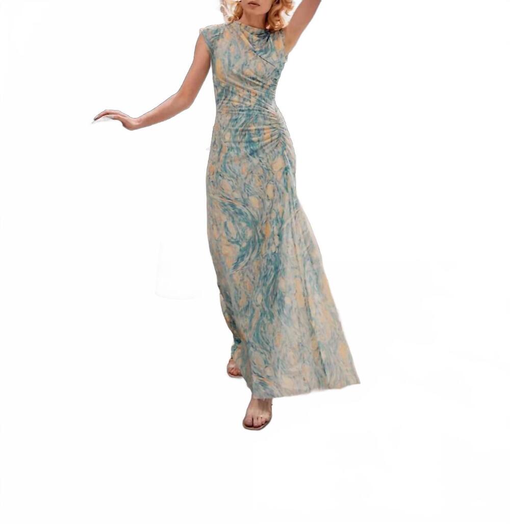 NEW LA FUORI net gathered maxi dress in van gogh printed